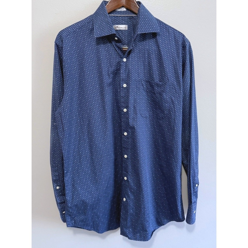 Peter Millar Men's Sz Large Navy‎ Blue Skull & Crossbones 100% Cotton Button Up